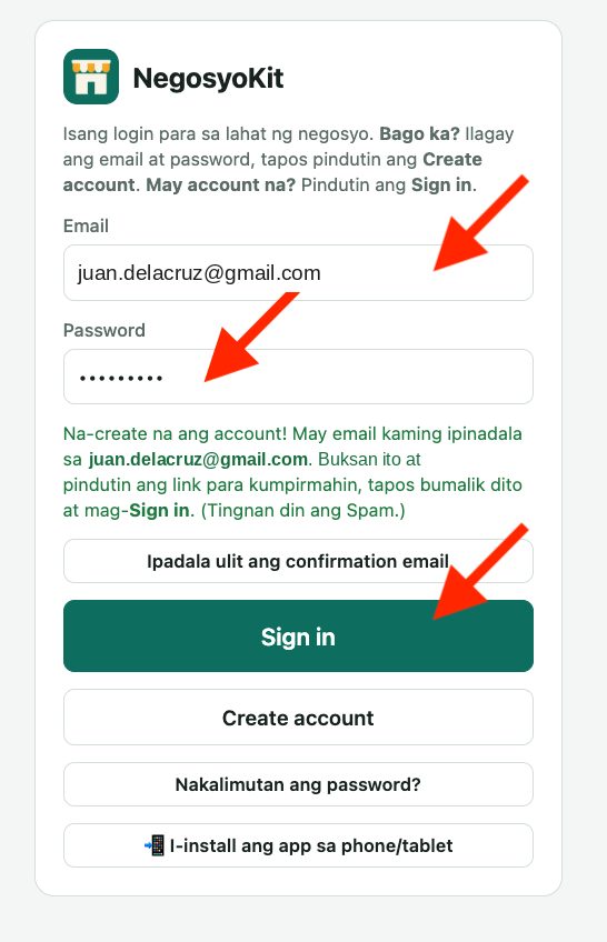Sign-in screen pagkatapos gumawa ng account