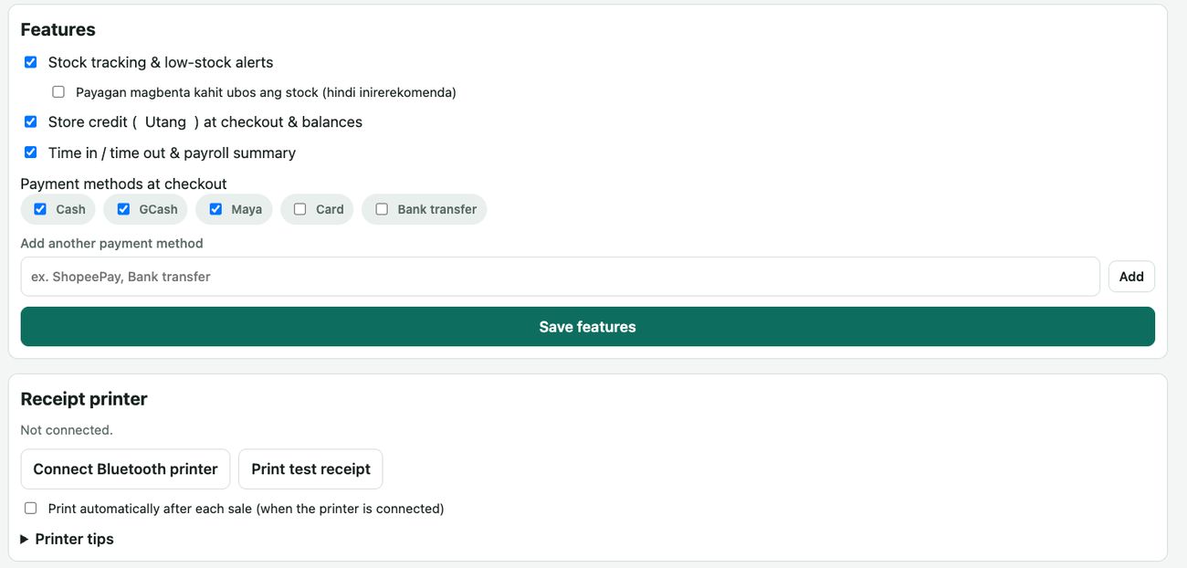 Settings, Features at Receipt printer