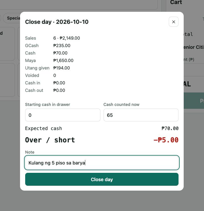 Close day na may Over / short